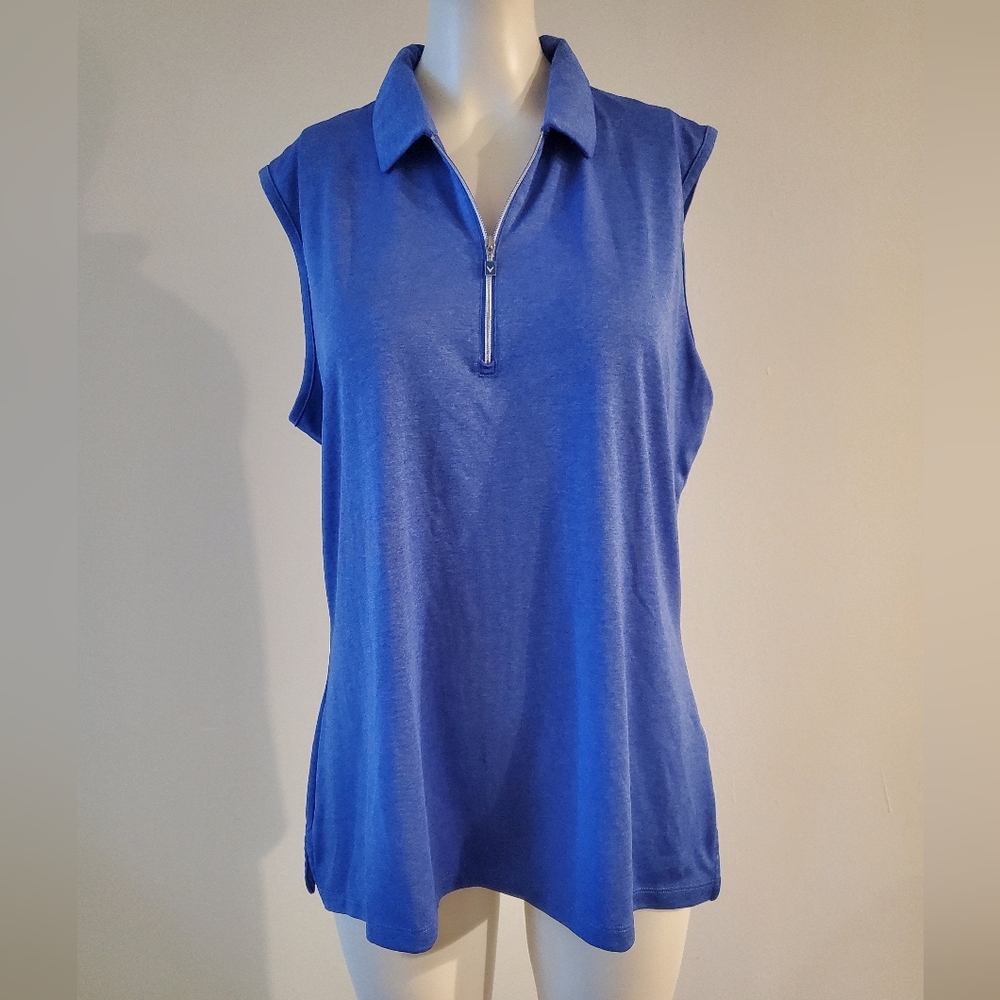 Callaway Womens 1/4 Zip Solid Sleeveless Blue Golf Polo Size XL